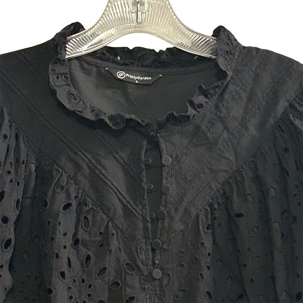 PrettyGarden Women's Black Embroidered‎ Blouse L Long Puff Sleeve - Picture 7 of 14